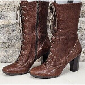 Frye Adrienne Brown Leather Boot Lace Up Womens 8.5 Wooden Hex Heel Victorian